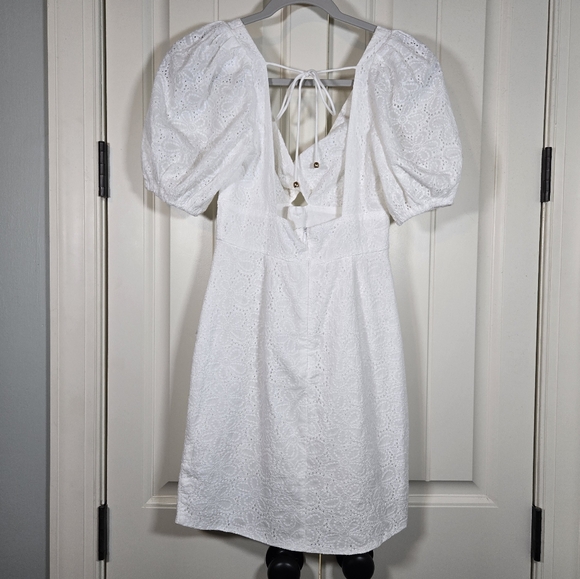 Saints & Secrets Santa Cruz Sun Eyelet White Asymmetrical Puff Sleeve Mini Dress - Picture 7 of 10